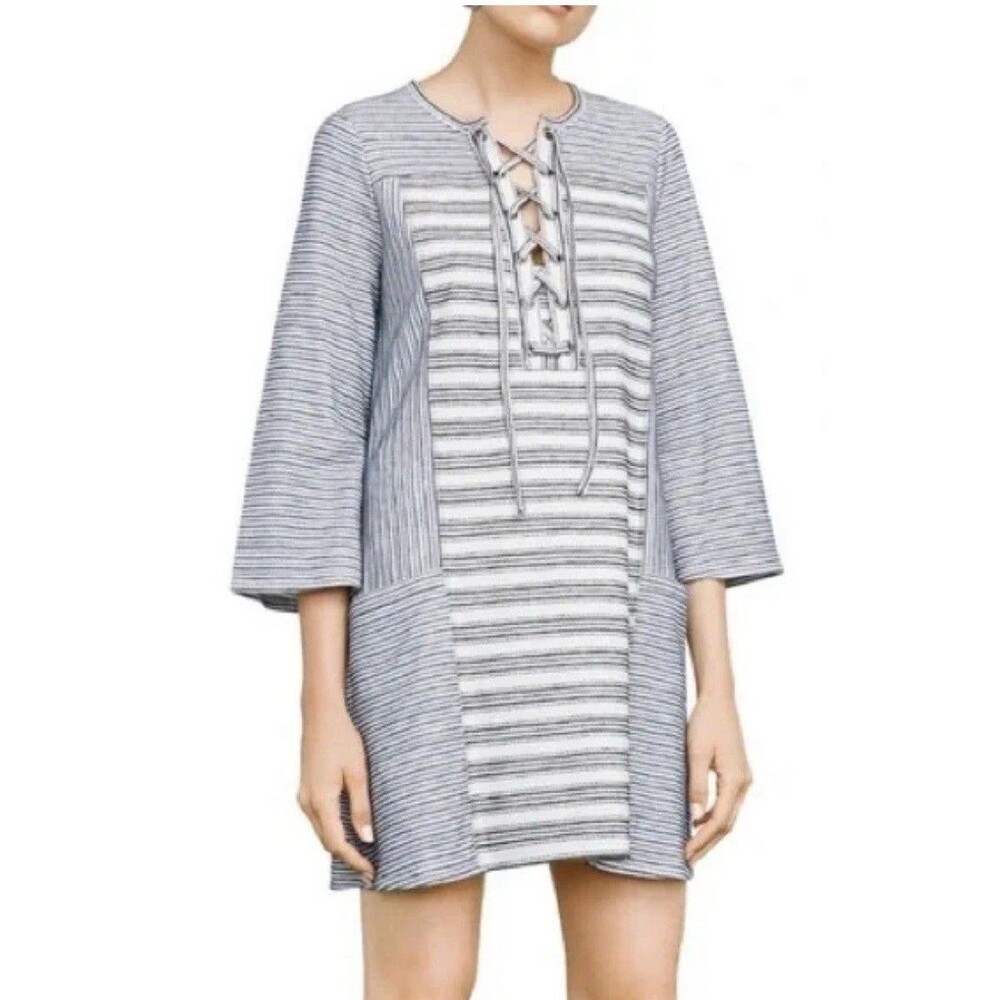 BCBGMaxAzria Lani Lace Up Front Embroidered Striped Knit Tunic Dress Womens L